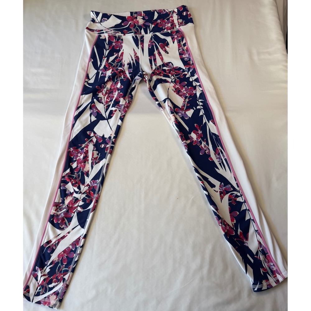 Fabletics Womens Small Floral Tropical Leggings Navy White Pink Athletic Yoga